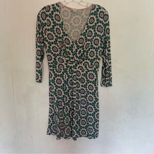 Boden green pink floral geometric pattern dress size 10R 3/4 sleeve v neck